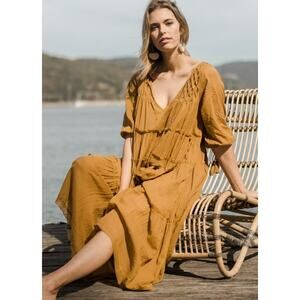 NWT Talisman Mustard Tie Neck Fredrico Loose Fit Cotton Dress S/M